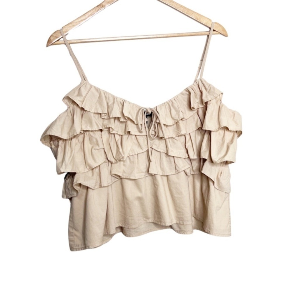 Express Beige Ruffle Tiered Cami Top Tie Neck Spaghetti Straps Women's